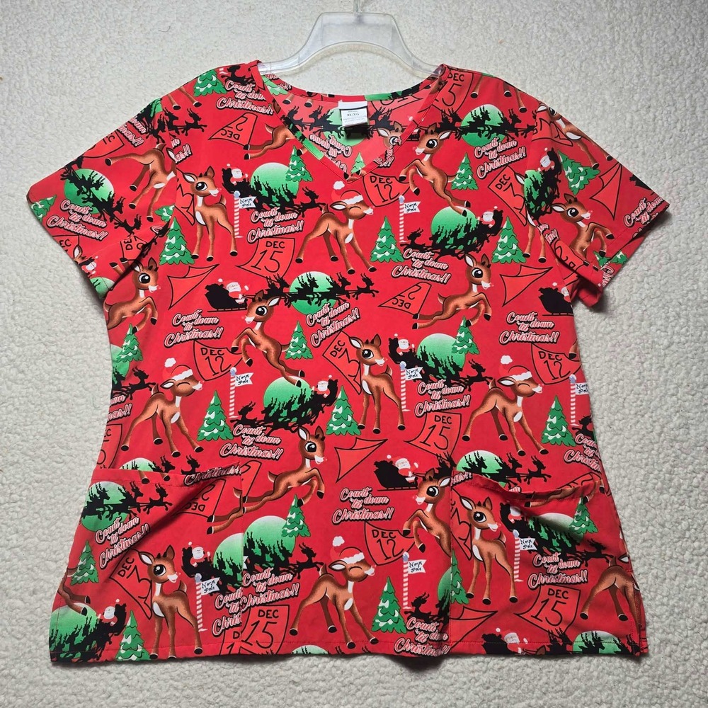 Rudolph Red-Nosed Reindeer Christmas Scrub Top Womens XL V-Neck Red Holiday